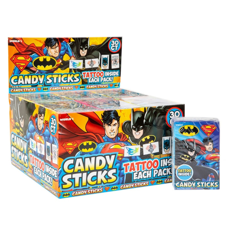 BATMAN/ SUPERMAN CANDY STICKS WITH TATTOO 30CT/ DISPLAY