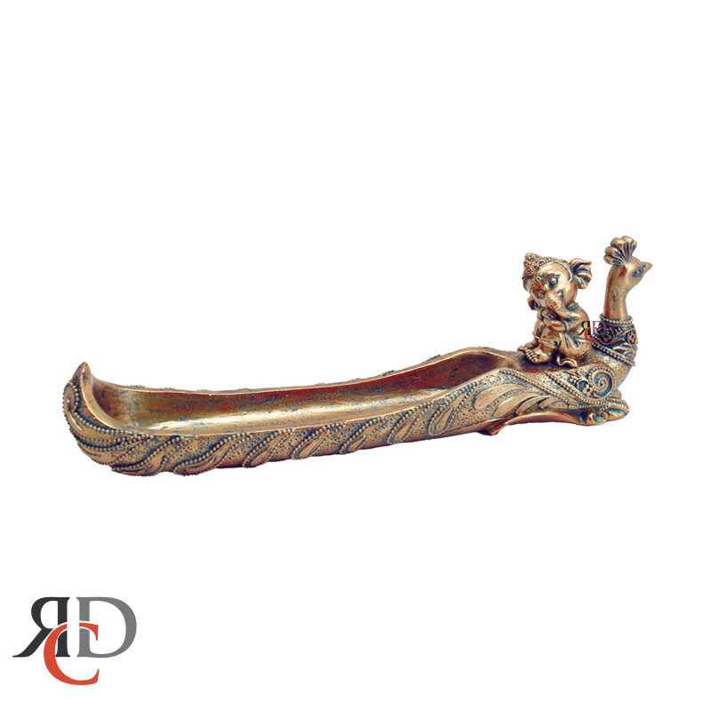 INCENSE HOLDER BABY GANESH & PEACOCK POLYSTONE IN56 1CT