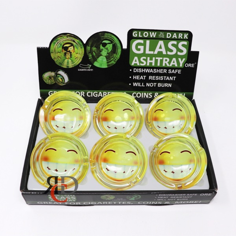 GLOW IN DARK GLASS ASHTRAY 6CT/ DISPLAY - SMILEY FACE