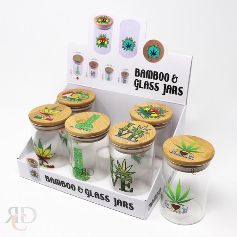 NEVER EXHALE GLASS STORAGE JAR WITH BAMBOO LID -- EXTRA LARGE  ( HT:108MM x WD: 65MM ) JAR20 -- 1CT