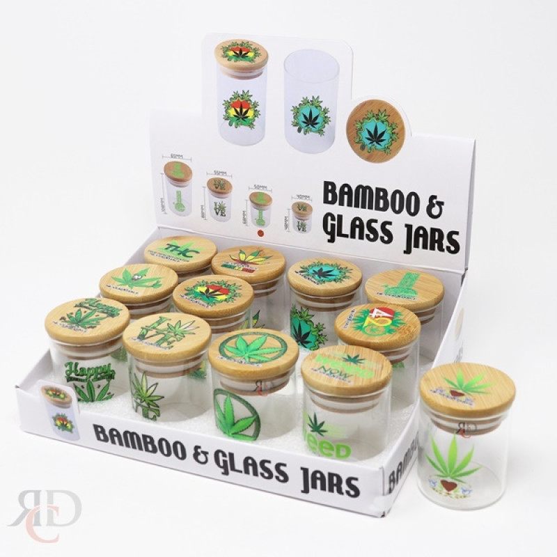 NEVER EXHALE GLASS STORAGE JAR WITH BAMBOO LID -- MEDIUM  ( HT:68MM x WD: 50MM )  JAR17-- 1CT